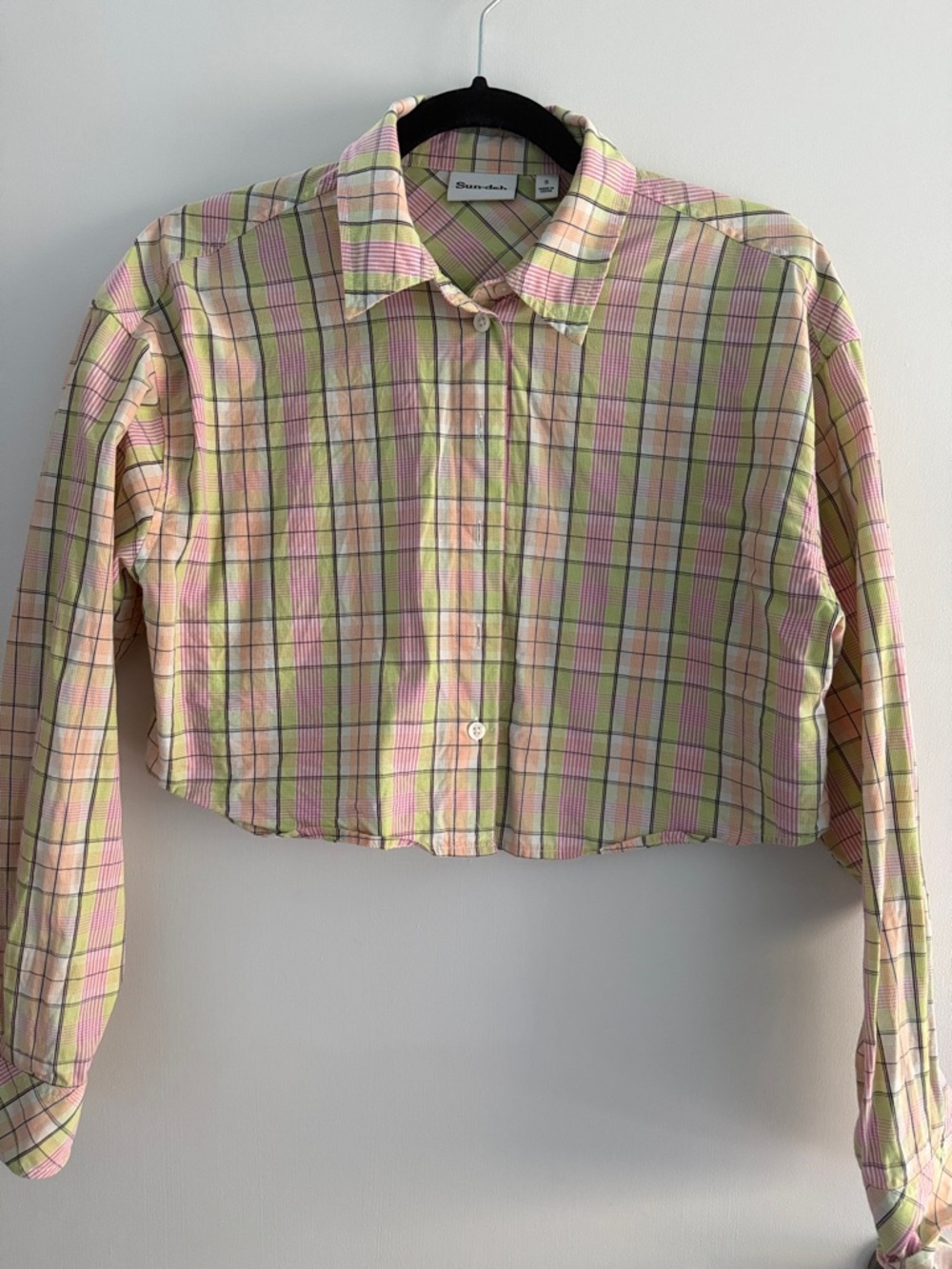 Aritzia Cropped Plaid Button-Down Shirt in Pastel Yellow, Pink & Green